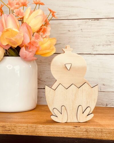 Chick In Egg Shaped Craft Wood, Unfinished Tiered Tray Decor, Wood Chick, DIY Easter Decor, DIY Wood Crafts, DIY Spring Decor, Ready to Paint Craft Wood, Unfinished Wood Craft, Easter Crafts, Easter Tiered Tray Decor, Free Standing Wood Chick, Read to Paint Wood Chick